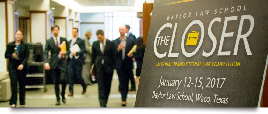 Hallway at Baylor Law, Competitors in distance walking, a sign for The Closer is clearly visible