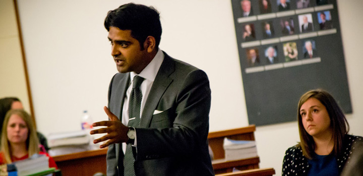 Baylor Law students makes an emphatic point during a mock trial competition