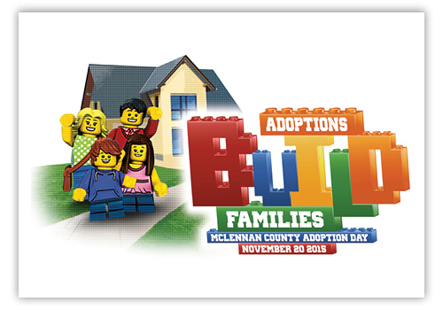 Decorative image of Lego family next to Legos forming the words: Adoptions Build Families