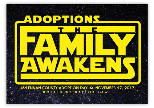 Decorative text in the style of Star Wars. Adoptions, The Family Awakens
