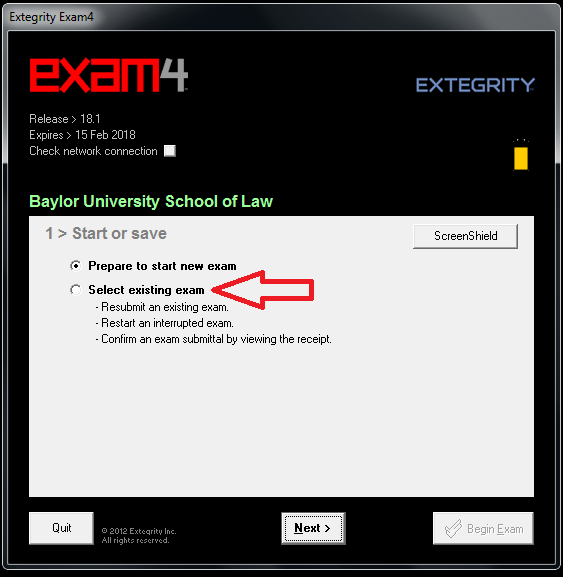 Screenshot of Exam4 Web Page, arrow pointing to "Select Existing Exam"