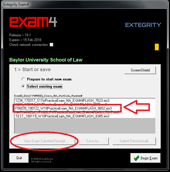 Screenshot of Exam4 web page, arrow highlighting exam name