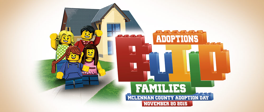 Decorative header. Adoptions Build Families - in text simulating Legos.