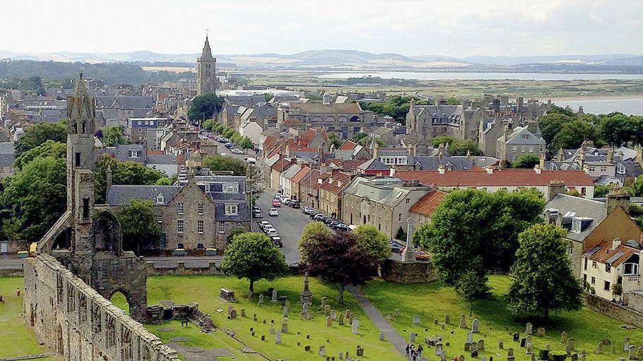 Aerial drone shot of St Andrews Scotland