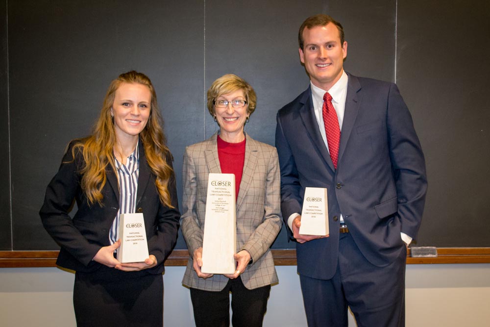 The Closer winners Ericha Penzien from the American University, Washington College of Law and Brian K. Adams from the University of Tennessee College of Law, with Baylor Law Professor Elizabeth Miller, creator of The Closer.