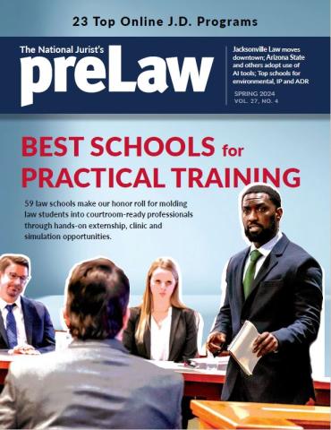 Cover of Spring 2024 Edition of preLaw Magazine - Baylor Law students in Practice Court