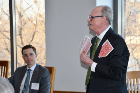 D Hull Younglbood performing a card trick at the 2024 Business Law Boot Camp at Baylor Law School