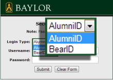 Image showing a dropdown box on the login page where Alumni must choose 'AlumniID' as the login type before entering their username and password.