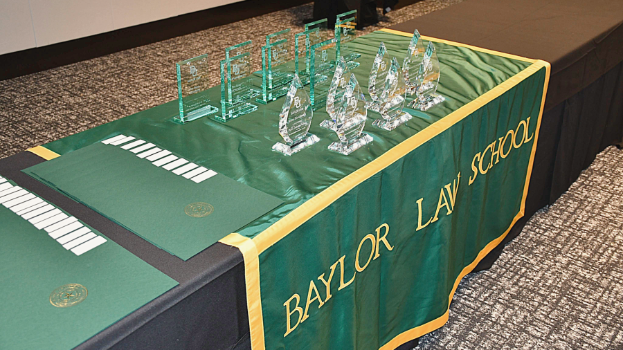 Glass awards on table
