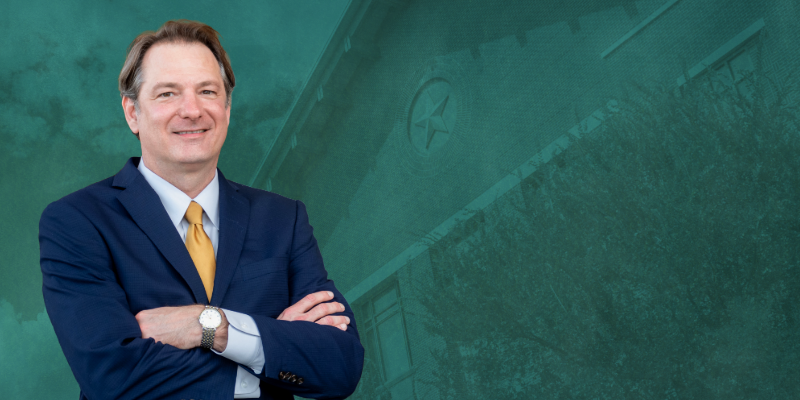 Headshot of Dean Jeremy Counseller superimposed on image of Baylor Law School