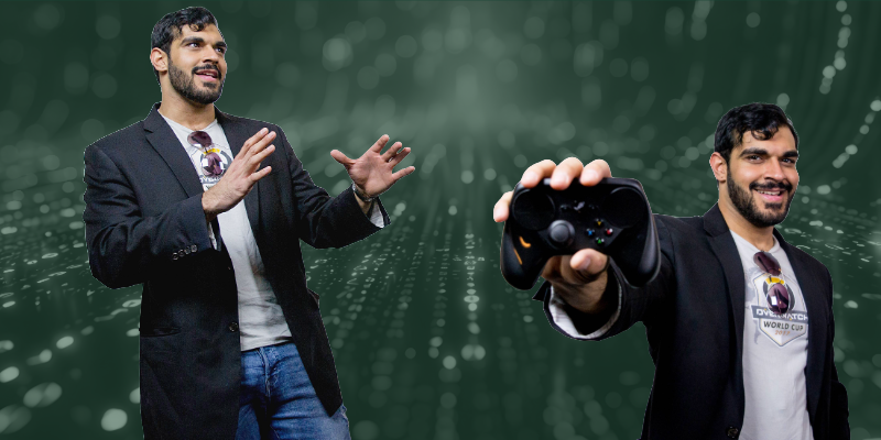 Photos of A.J. Jameel, one of him speaking, one of him holding a video game controller