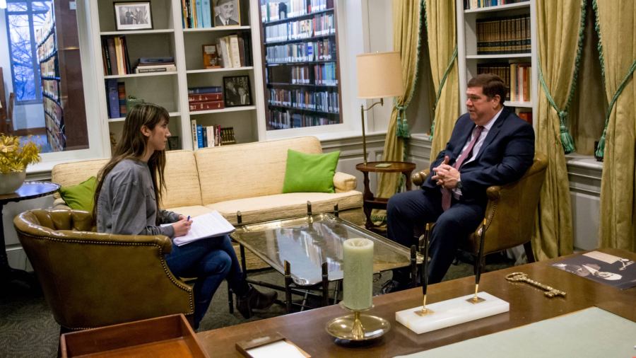 A competitor interviews a witness in the Leon Jaworski museum room at Baylor Law School
