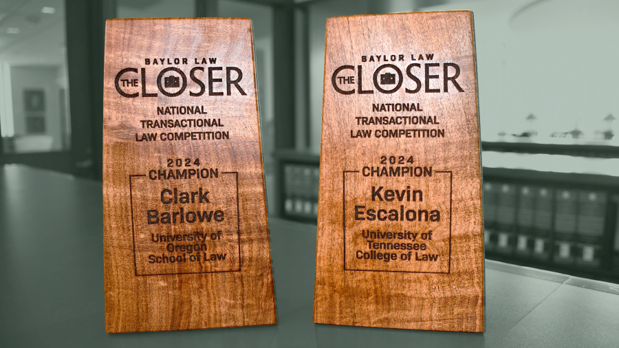 Awards, wooden blocks with names engraved, given to the winners of the 2024 The Closer National Transactional Law Competition