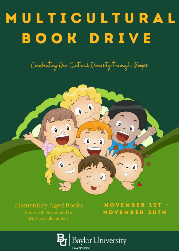 Cartoon children, multicultural, all happy. Text: Multicultural Book Drive