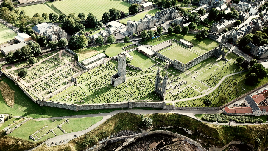 Drone photo of St Andrews University and Church