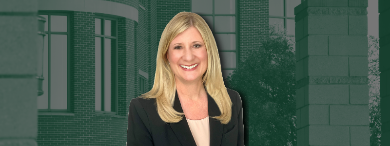 Jennifer Hay of Park Lawn Corp. superimposed on image of Baylor Law School