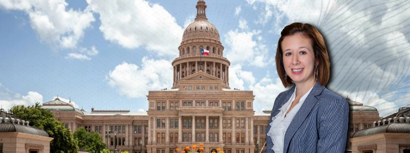 Headshot of Professor Kayla Landeros superimposed over image of Austin Statehouse
