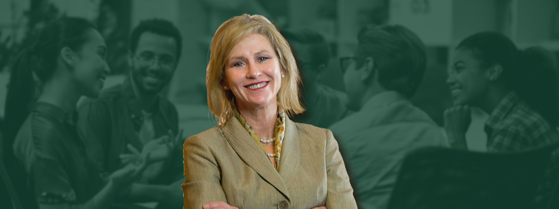 Professor of Law Leah Teague, superimposed on faded image of students talking in a circle