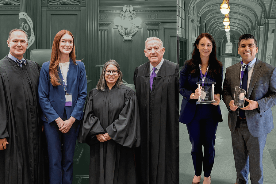 Tiffani Skroch, JD ’24, Kristopher Ruiz, JD ’22, and Jessica Cox, JD ’21 pose with their awards